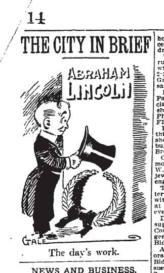February 12, 1909: Cartoon of a man paying respects to Abraham Lincoln