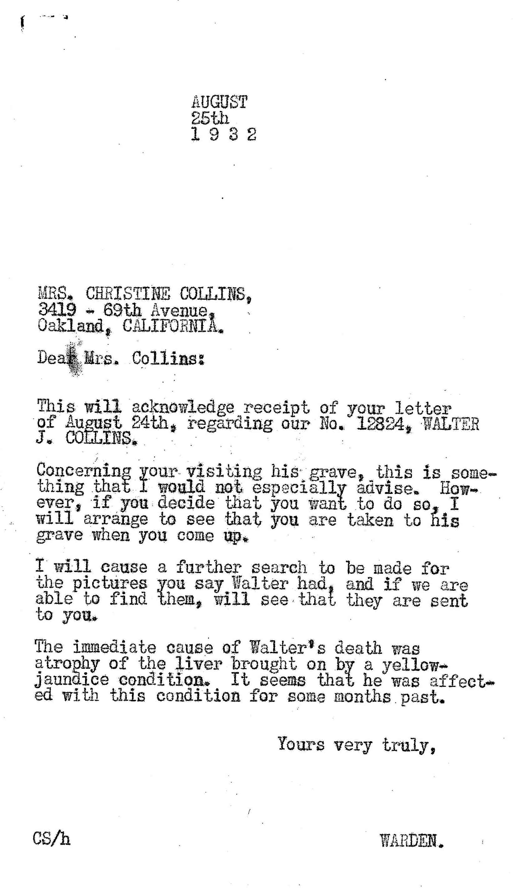 August 25, 1923: Christine Collins asks the warden if she can visit her late husband's grave.