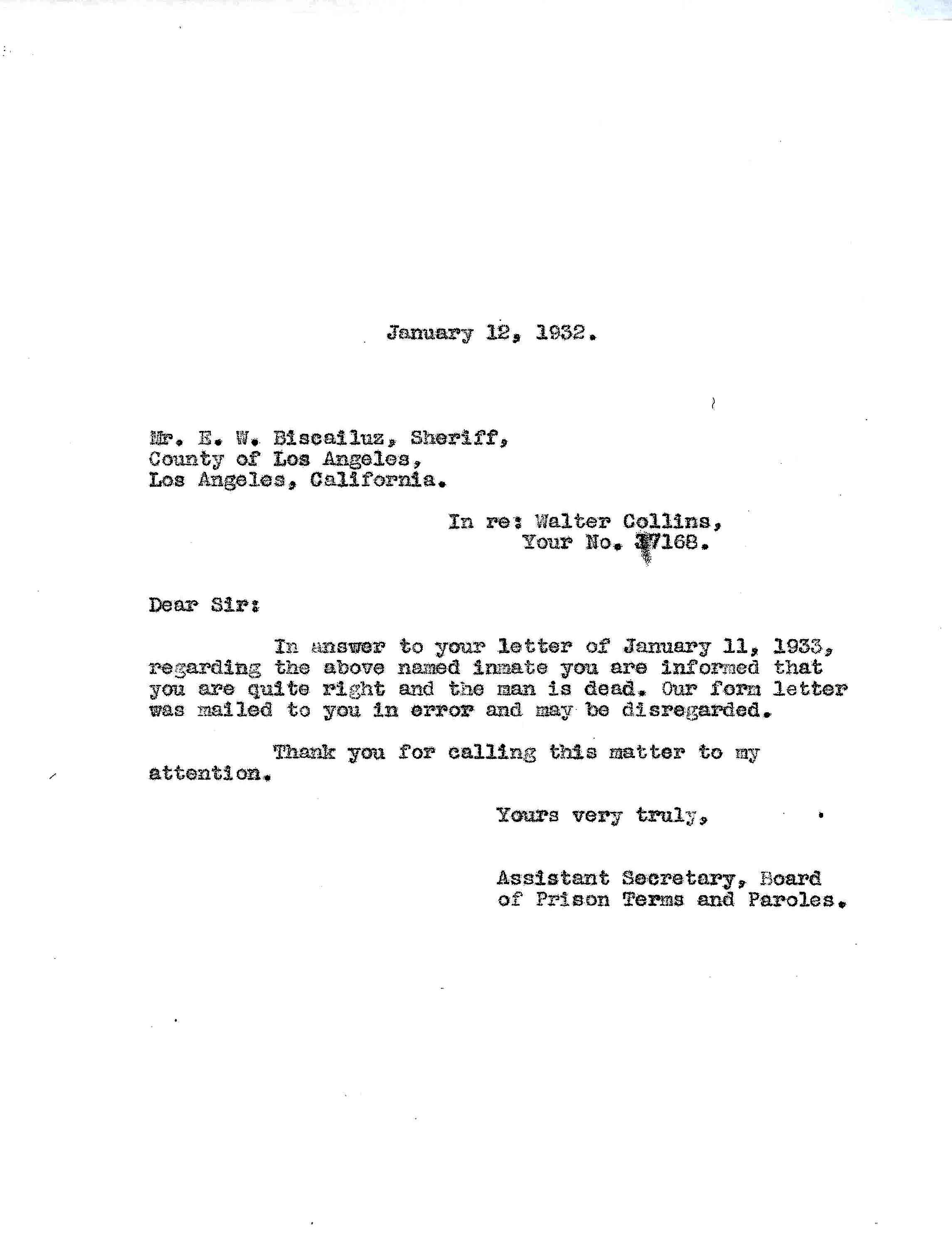 January 12, 1932: Letter to Sheriff Eugene Biscailuz. Walter Collins is dead. 