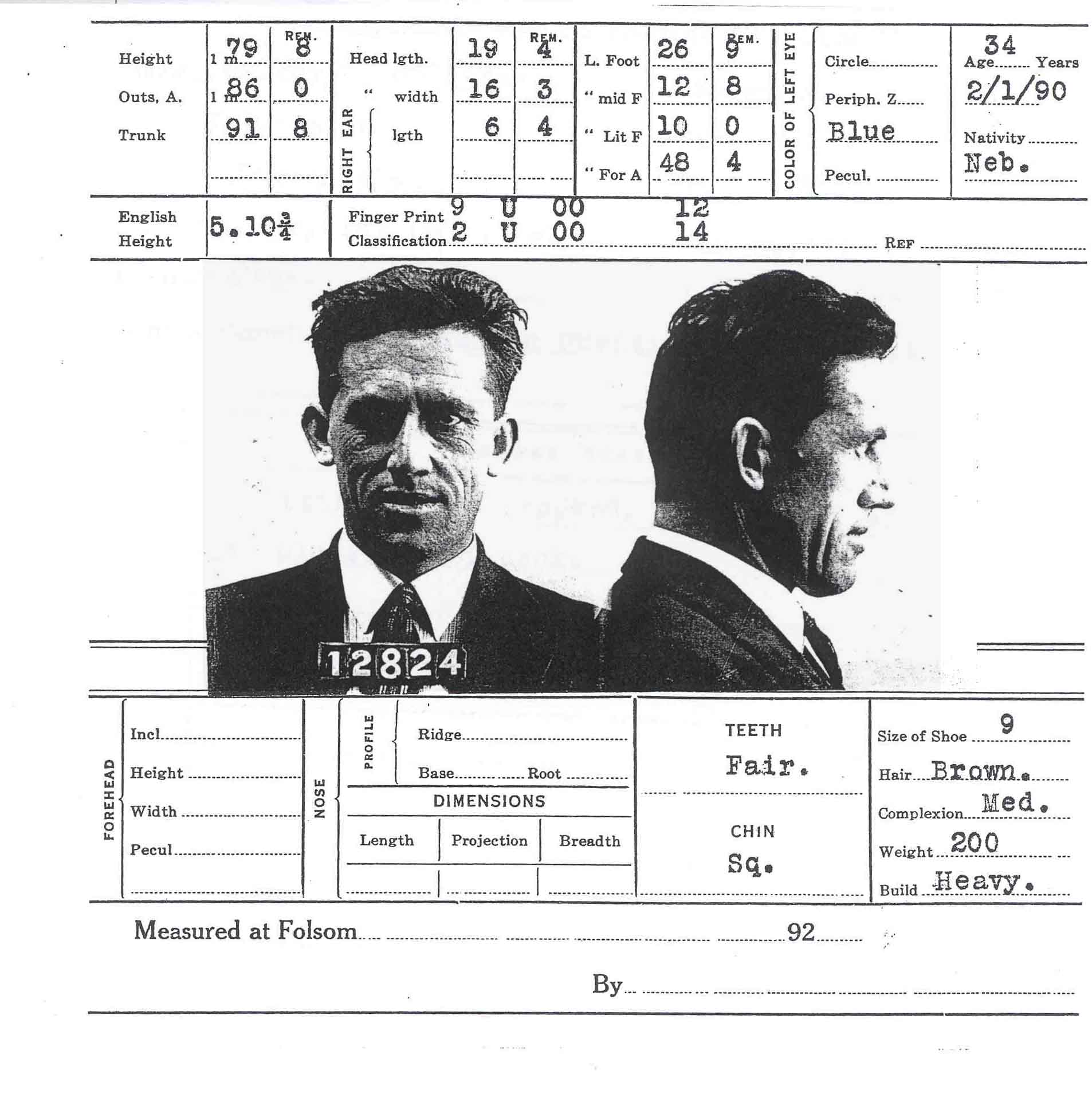 Walter Collins in prison mug shot. No date. Facing forward and in profile, man in coat and tie. 