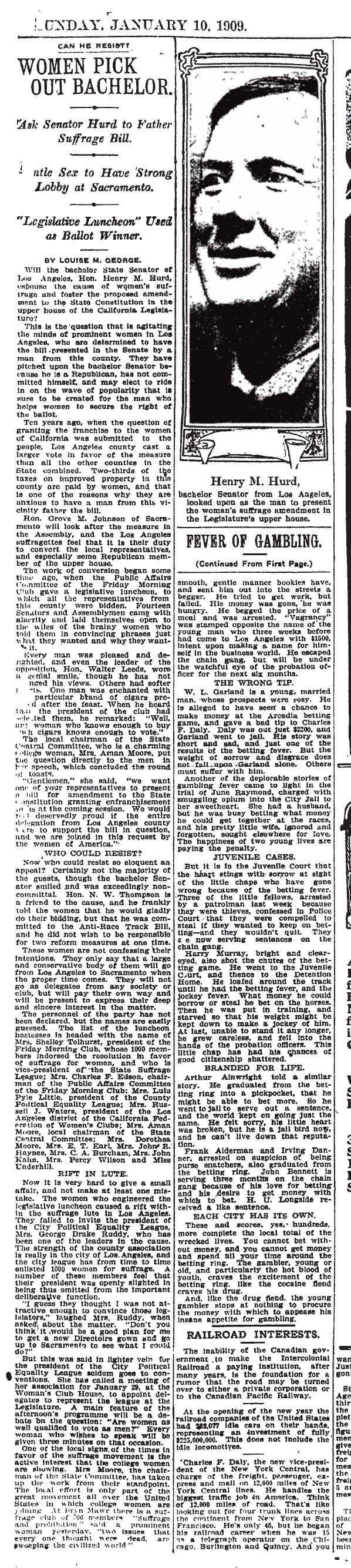 January 10, 1909: Gambling (continued)