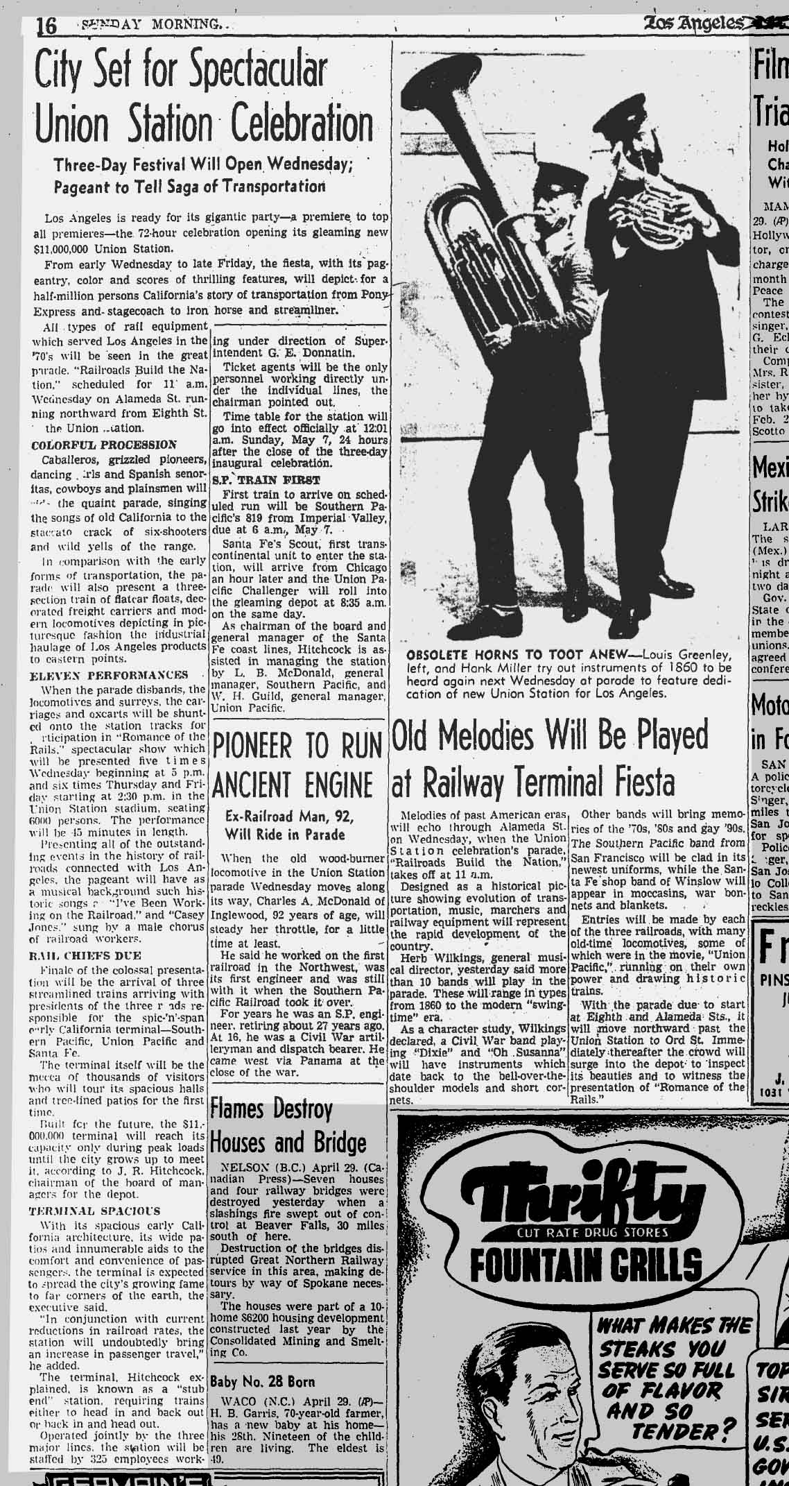 April 30, 1939: Los Angeles prepares for the opening of Union Station. Images of men playing brass instruments, and news story