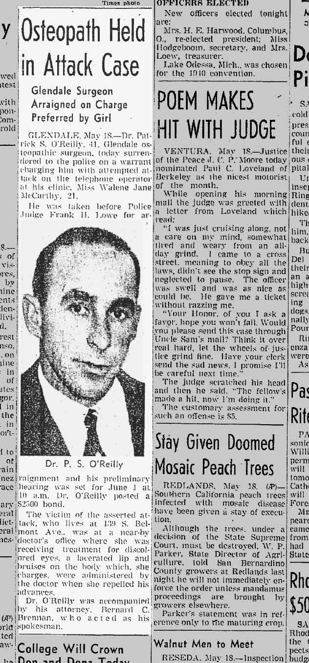 May 19, 1939: Osteopath Dr. Patrick O'Reilly is held in an assault