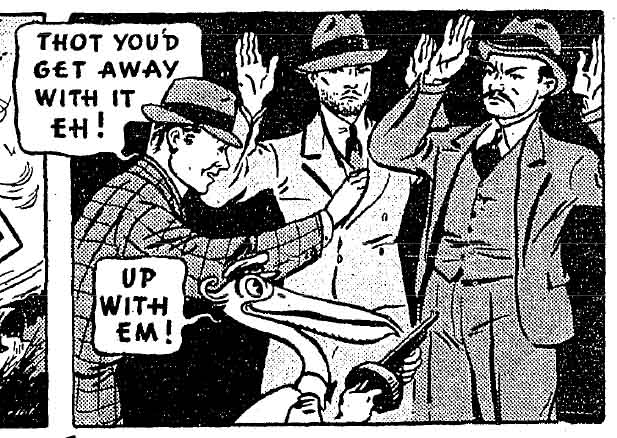 May 19, 1939: Comic panel of a detective arrested criminals, accompanied by a talking pelican with a machine gun.
