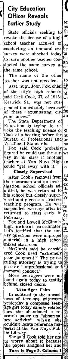 July 28, 1959: Teacher runs sex survey.