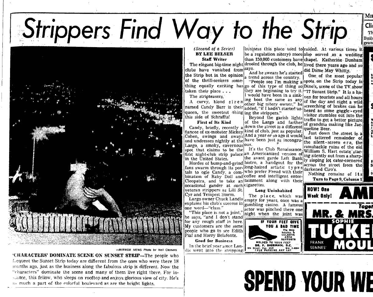 July 28, 1959: Strippers on the Sunset Strip, like Candy Barr.