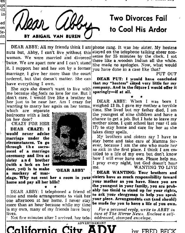 July 29, 1959: Dear Abby -- I can't live without my ex-wife, man says.