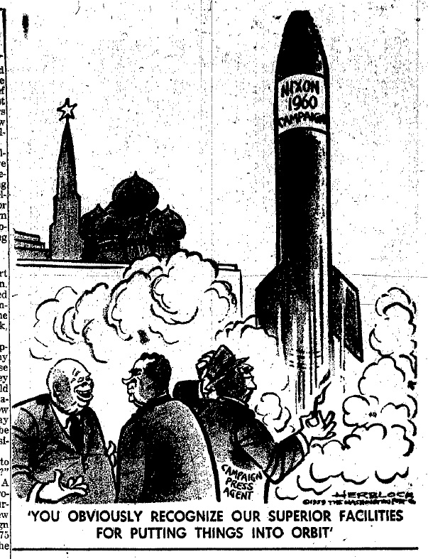Richard Nixon cartoon showing rocket ship labeled 1960 presidential campaign