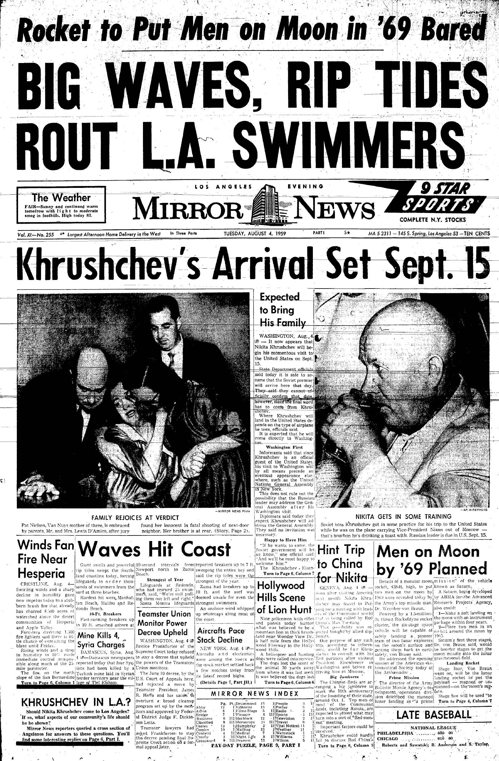 August 4,1959: Los Angeles Mirror Page 1: Big Waves, Rip Ties Rout L.A. Swimmers