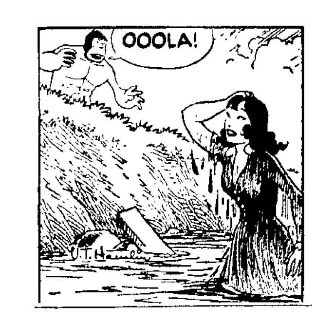 August 6, 1959: Alley Oop panel. Alley exclaims "Ooola!" at woman standing in water. 