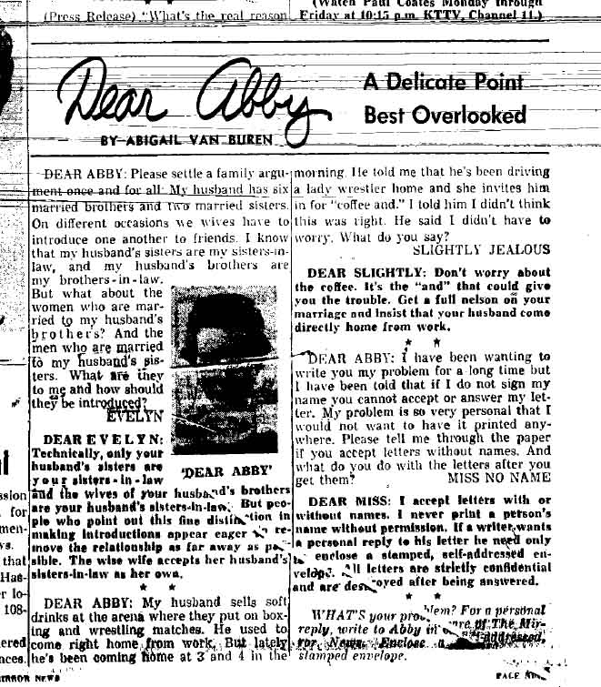 August 8, 1959: Dear Abby has advice for a woman whose husband sells drinks at wrestling matches and has been giving rides to a woman wrestler. 