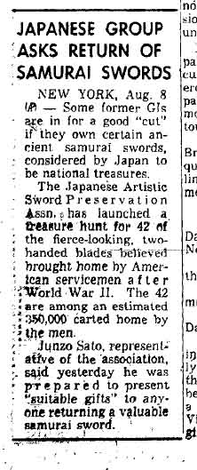 August 8, 1959: Group seeks return of samurai swords taken as war souvenirs