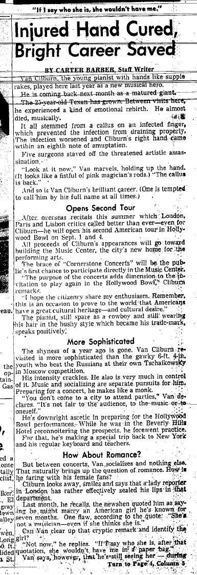 August 11, 1959: Van Cliburn's injured hand is cured.