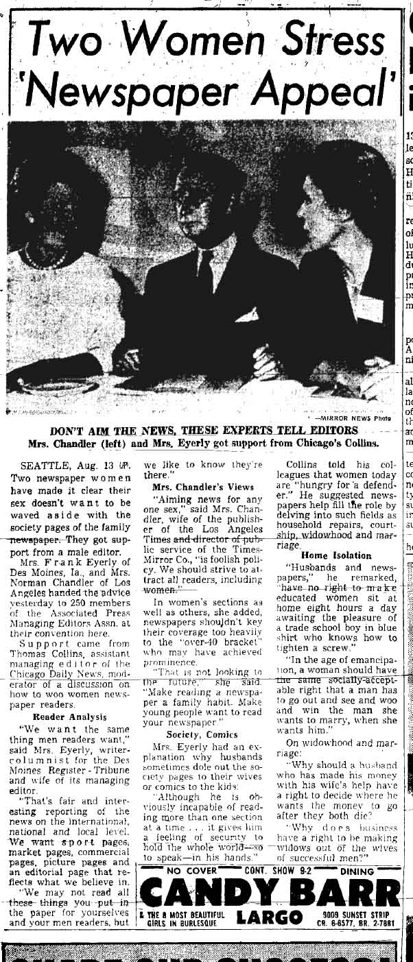 August 13, 1959: Mrs. Norman "Buff" Chandler says women's sections shouldn't gear their coverage simply toward women -- or those over 40. 