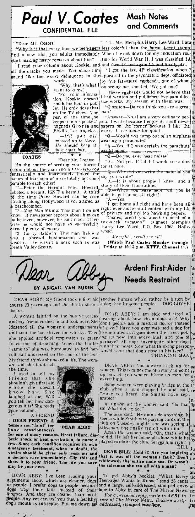 August 15, 1959: Paul Coates runs a letters column. One writer asks why grownups are so mean to teenage idols.