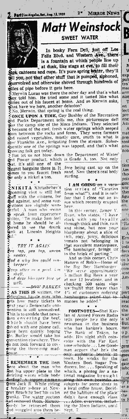 August 15, 1959: Matt Weinstock says a Fern Dell fountain dispenses spring water -- not an urban legend.