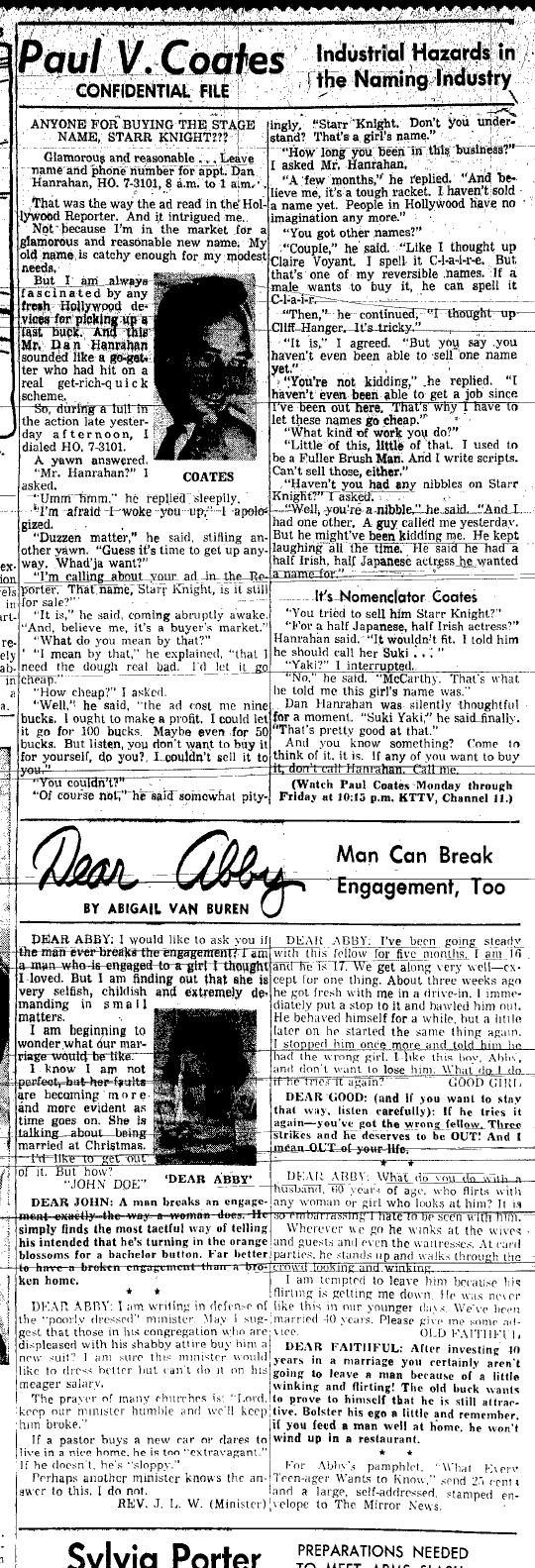 August 19, 1959: The stage name Starr Knight is for sale, Paul Coates writes