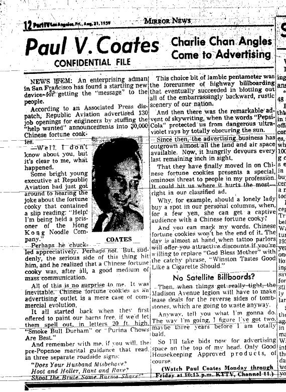 August 21, 1959: Paul Coates writes about an interesting way to recruit engineers.