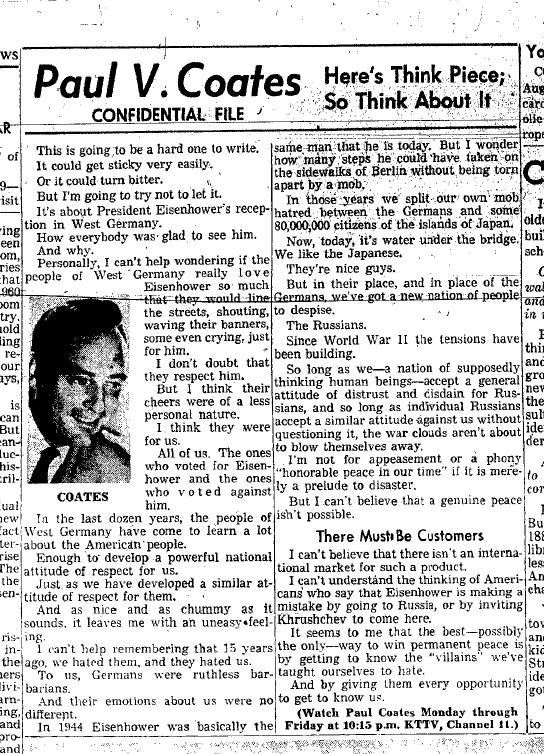 August 27, 1959: Paul Coates on President Eisenhower's visit to West Germany.