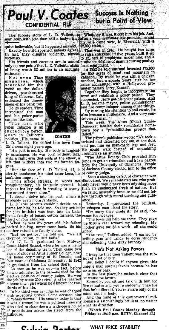 August 28, 1959: Paul Coates column on L.D. Tallent