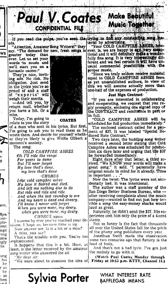 August 13, 1959: Paul Coates has the story of a man who submitted lyrics titled "Cold Campfire Ashes" to one of those songwriting ads you see in the pulp magazines.