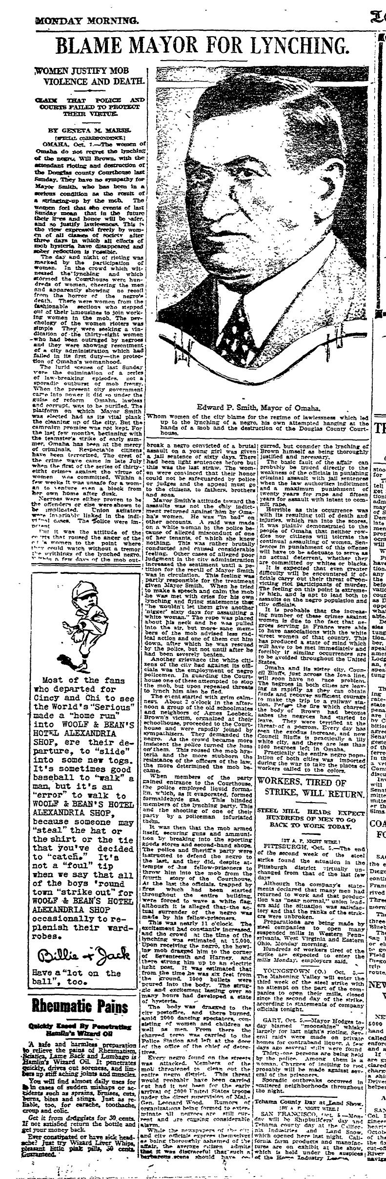 October6, 1919: The women of Omaha support the lynching and refuse to apologize for nearly hanging the mayor. They say he should do more to protect their virtue.
