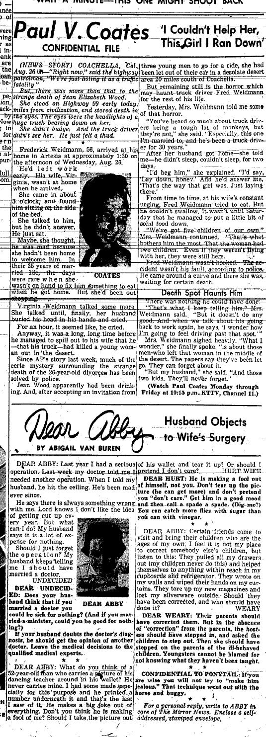 September 1, 1959: Paul Coates tells the story of Jean Elizabeth Wood, who stood in front of an oncoming truck and refused to move. 