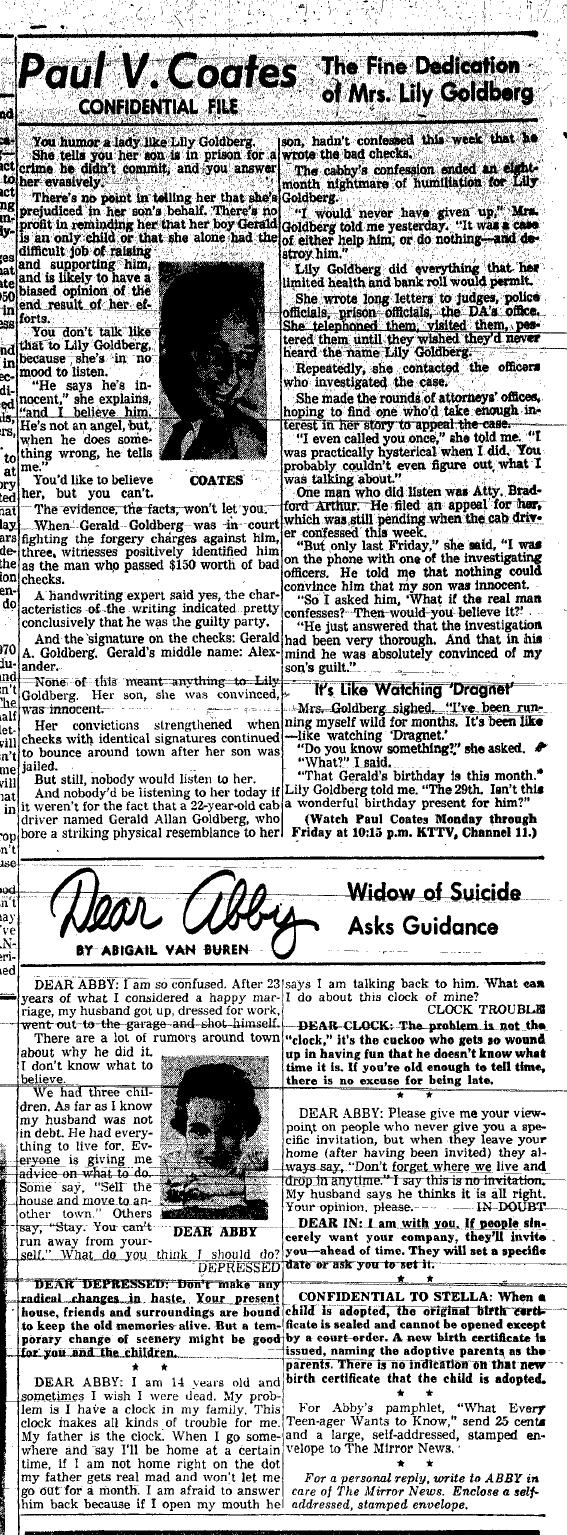 September 4, 1959: Paul Coates has the story of Lily Goldberg, who refused to believe that her son Gerald was guilty of writing bad checks, despite witnesses' identification and testimony by a handwriting expert.    
