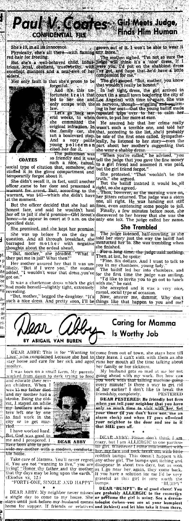 September 7, 1959: Paul Coates writes about a young woman's experiences in traffic court. Hint: she wore a tight, revealing dress that she made herself, and has flaming red hair.