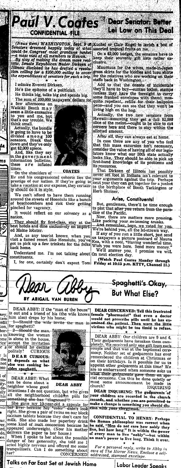 September 10, 1959: Sen. Everett Dirksen (R-Ill) wants a Senate junket to Hawaii, and Paul Coates has thoughts.
