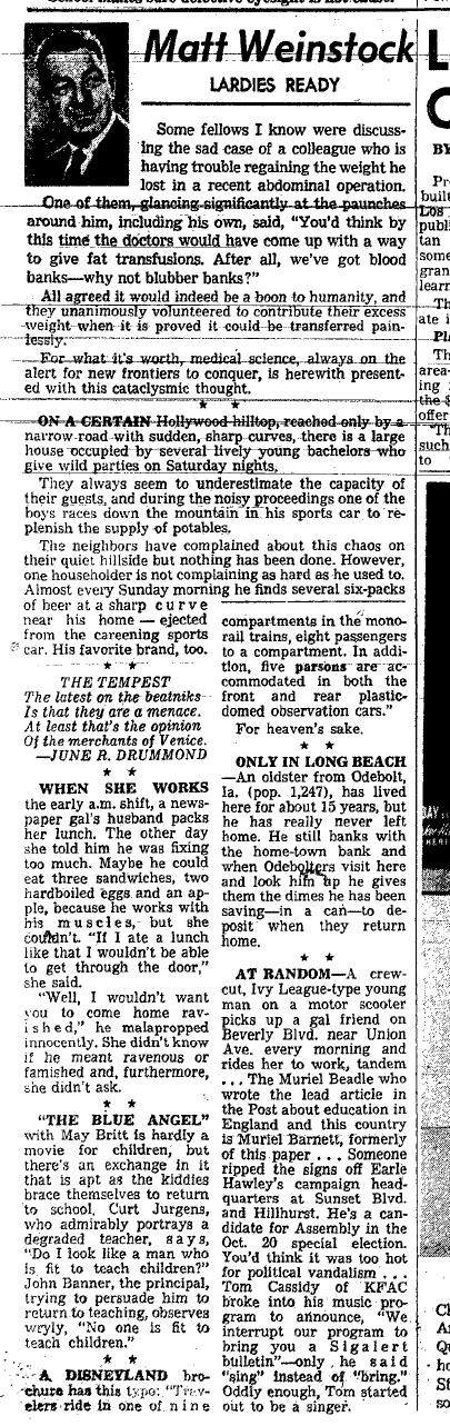 September 10, 1959: Should doctors do fat transfusions? Matt Weinstock takes a look. 