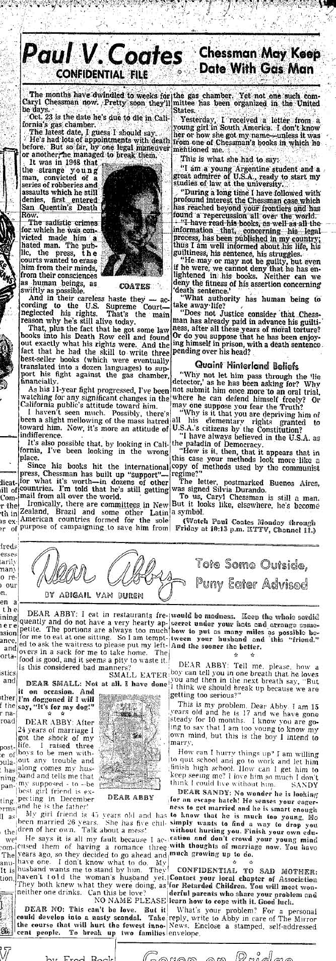 September 17, 1959: Paul Coates looks at the case of Caryl Chessman, scheduled to be executed in the gas chamber. A letter writer asks Dear Abby if it's appropriate to ask restaurants for leftovers in a doggy bag. 
