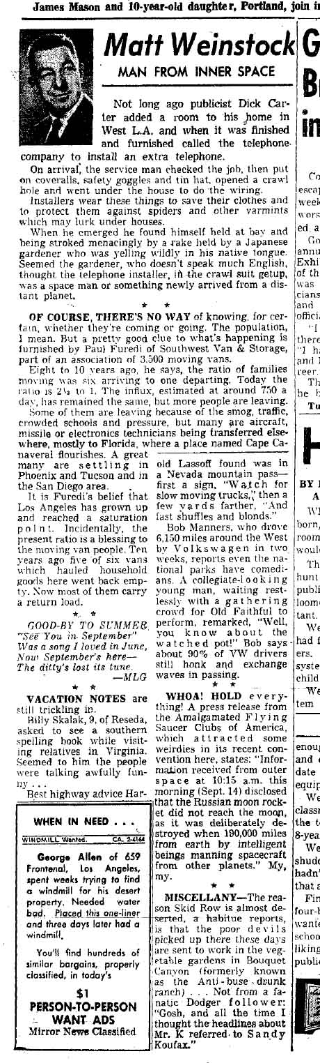 September 17, 1959: A man with a moving and storage company has thoughts about the ratio of families who are moving into Los Angeles with those who are moving out. The city has reached the saturation point, he tells Matt Weinstock.