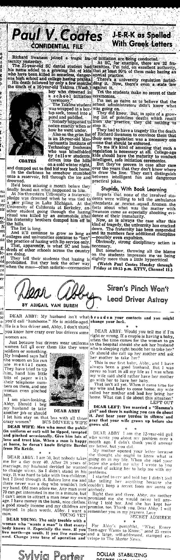September 18, 1959: Paul Coates writes about hazing pranks that end in death, including the case of USC dental student Richard Swanson. 