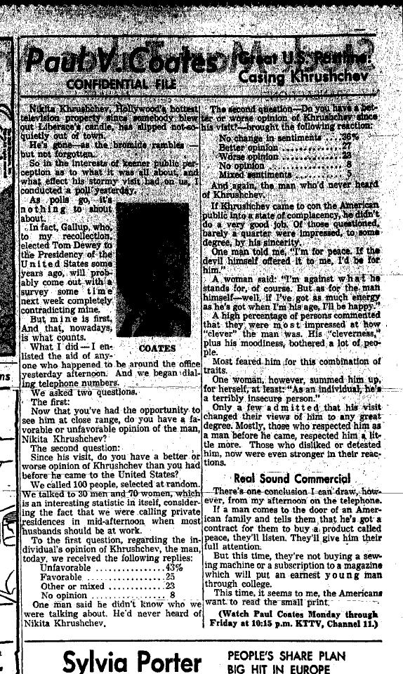 September 22, 1959: Soviet leader Nikita Khrushchev is gone but not forgotten, says Paul Coates, who polled 100 people about Khrushchev. 
