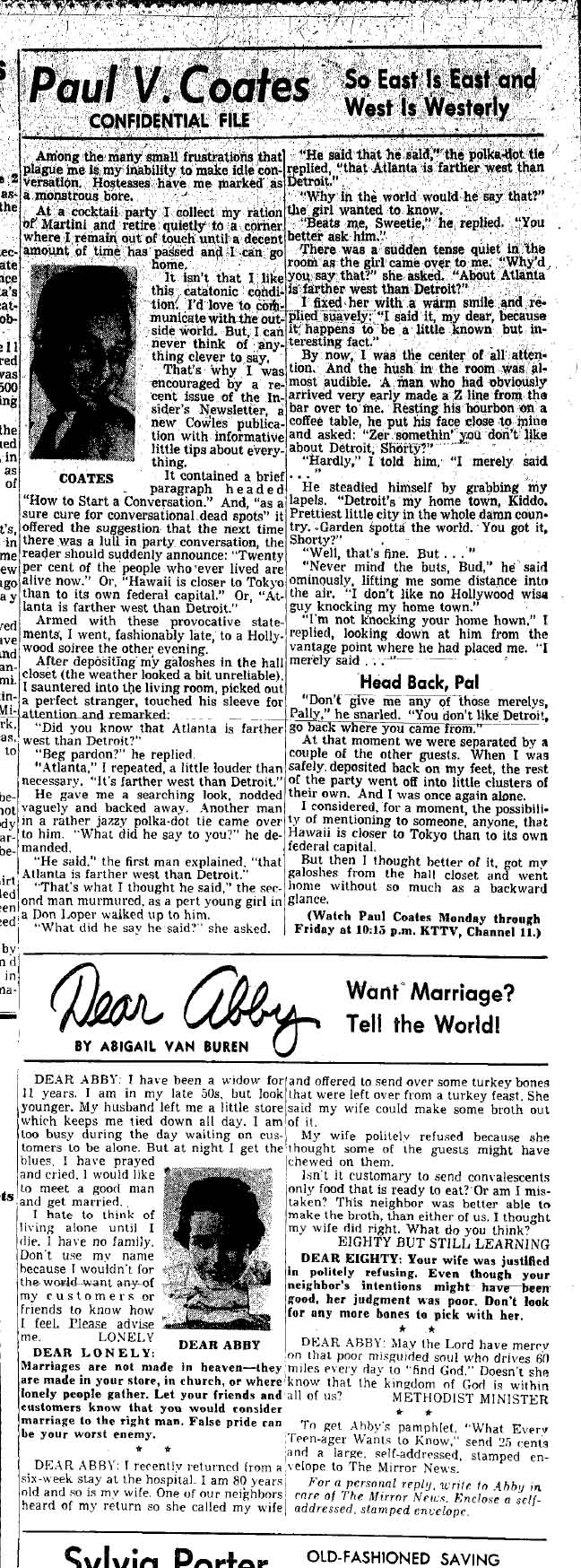 September 23, 1959: Paul Coates on how not to start a conversation … and Abby’s advice to a widow who wants to meet a good man and get married. 