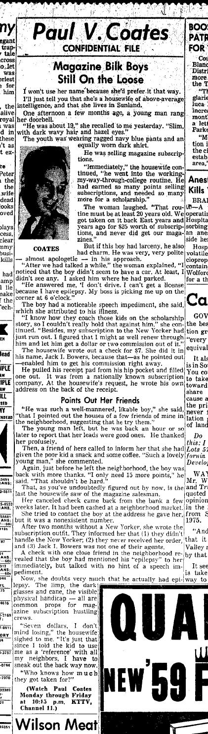 September 24, 1959: Paul Coates says the old magazine sales scam is making the rounds again. 