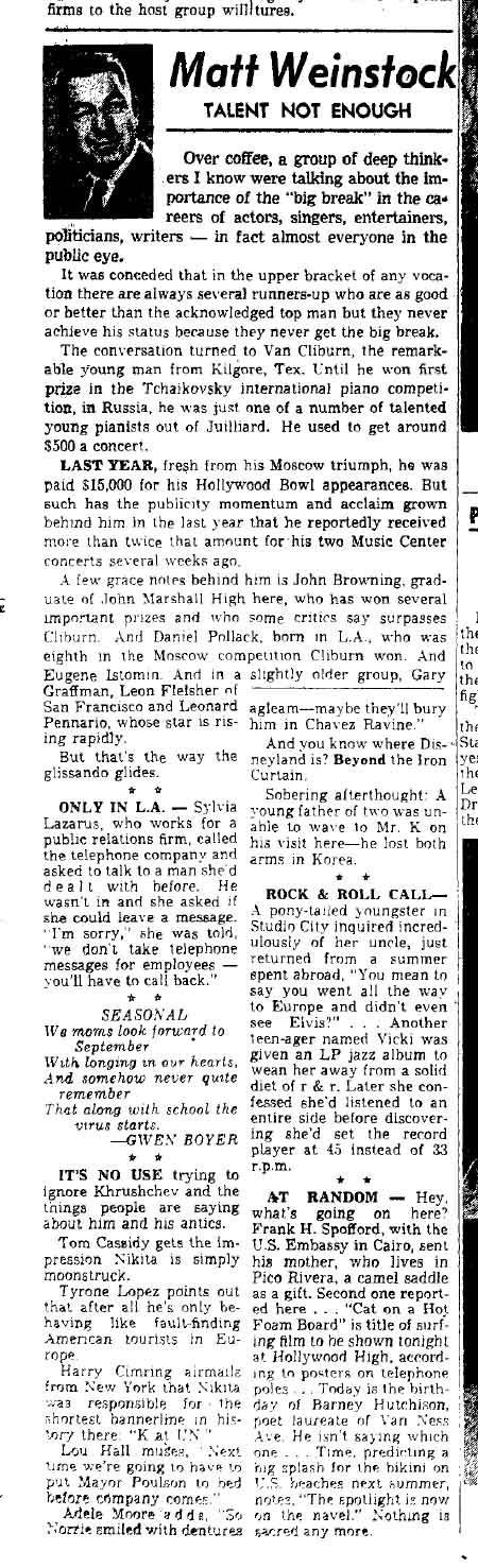 September 25, 1959: Matt Weinstock on pianist Van Cliburn 
