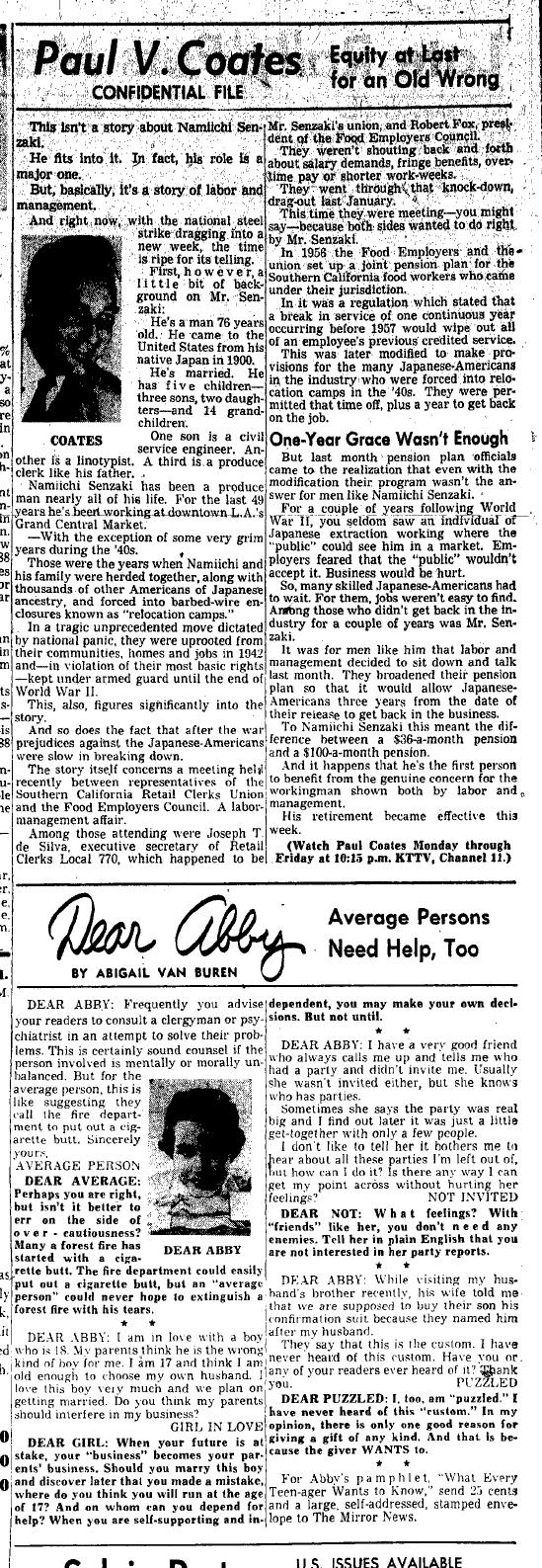 September 28, 1959: Paul Coates has the story of Namichi Senzaki and how the gap in his employment during World War II affected his pension -- until a new agreement was reached.  