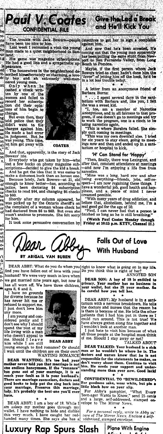 September 30, 1959: Paul Coates follows up on the tale of a young man pulling a magazine subscription scam, and on the troubles of Barbara Burns.