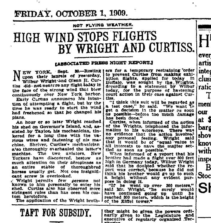 October 1, 1909: High winds ground the aeroplanes of the Wright brothers and Glenn Curtiss. A century ago, the Wright brothers hadn't flown as high as the Eiffel Tower.
