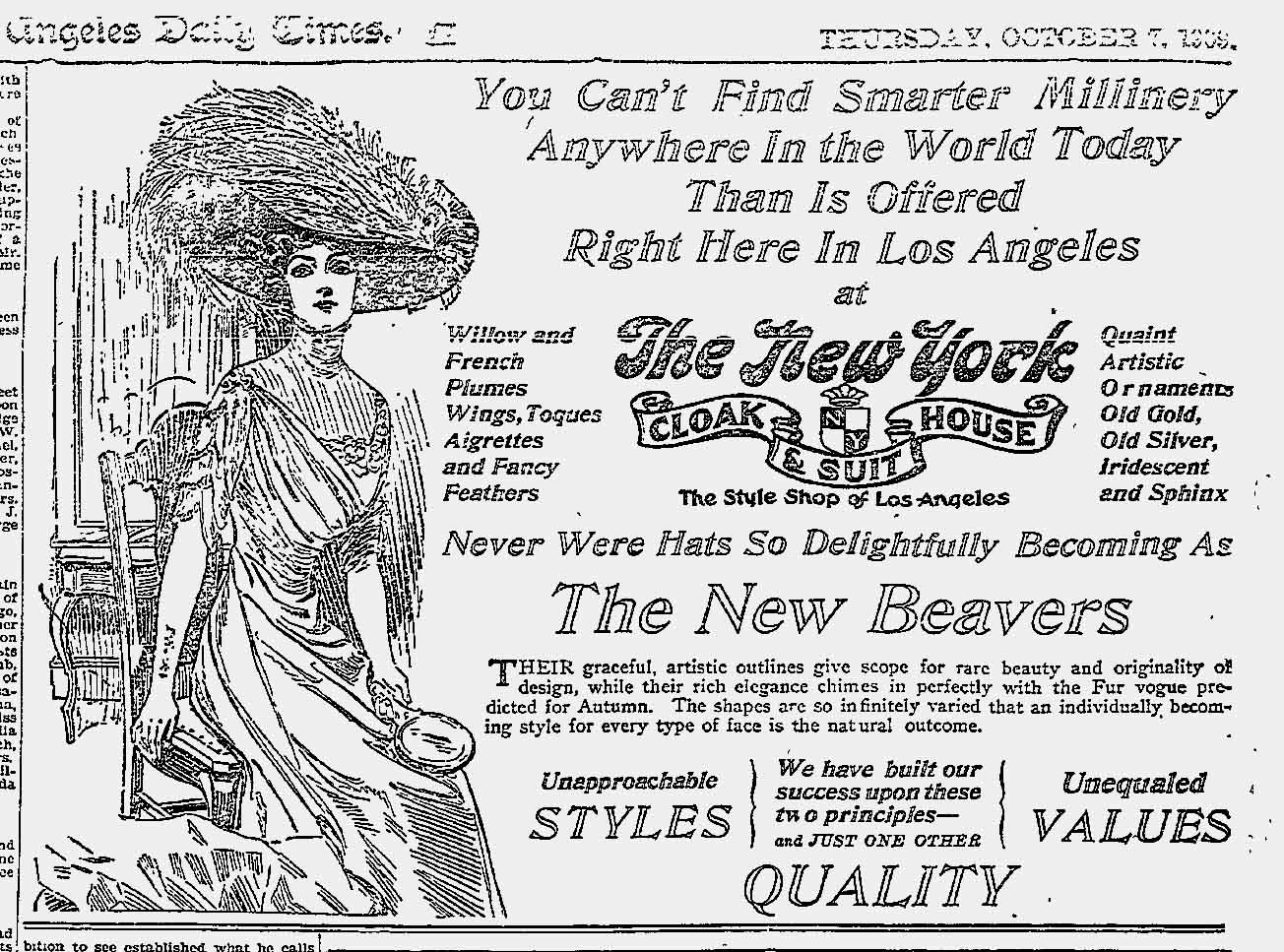 October 7, 1909; Ad for the New York Cloak and Suit House, an elegantly dressed woman with a huge hat decorated with ostrich feathers