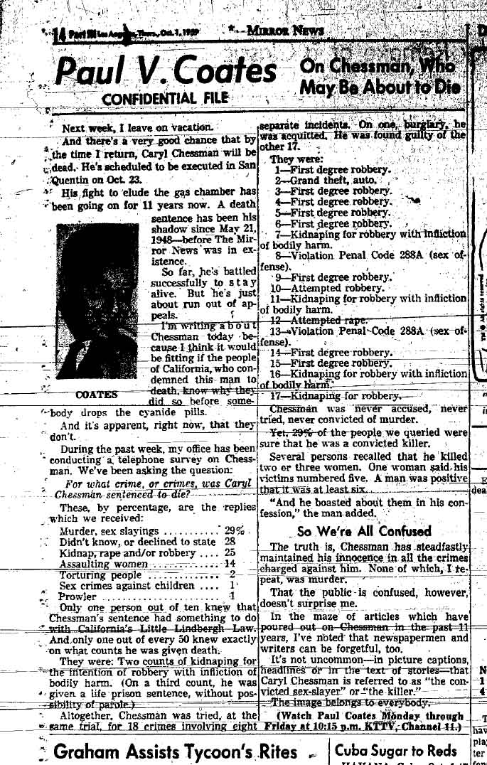 October 1, 1959: Paul Coates conducts a telephone survey about Caryl Chessman and his scheduled execution.  