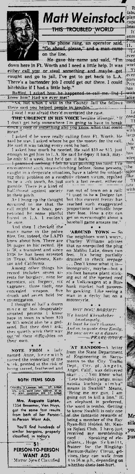 October 1, 1959: A caller tries to tap Matt Weinstock for a few dollars. He's not an easy touch. 