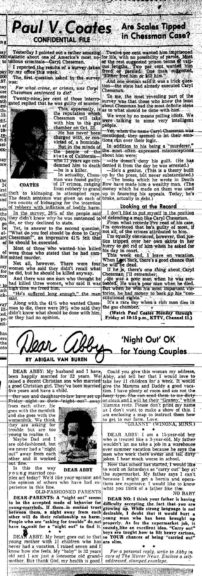 October 2, 1959: Paul Coates looks at the myths surrounding Caryl Chessman, scheduled to die in the gas chamber.