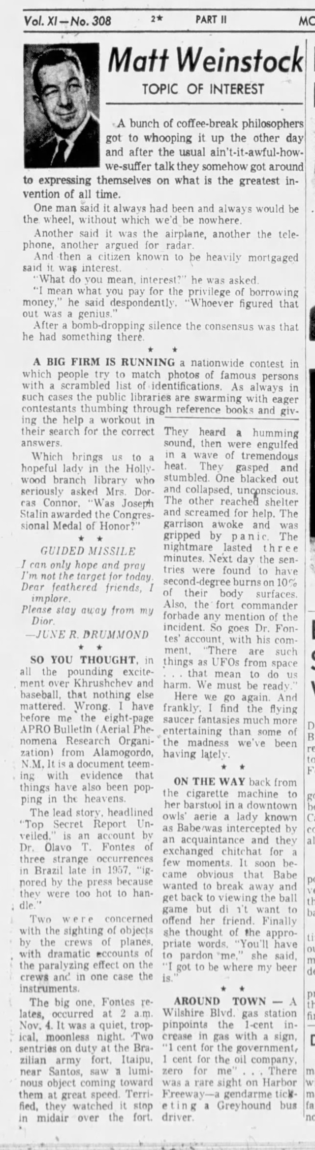 October 5, 1959: Matt Weinstock on UFOs and the most important invention of all time. 