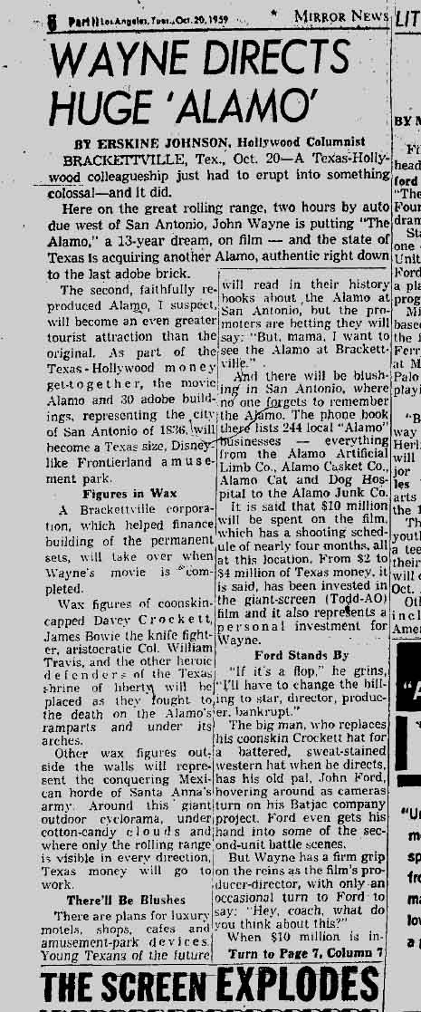 October 20, 1959: John Wayne directs "The Alamo"