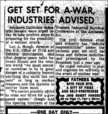 October 27, 1959: Industries advised to prepare for atomic war. 