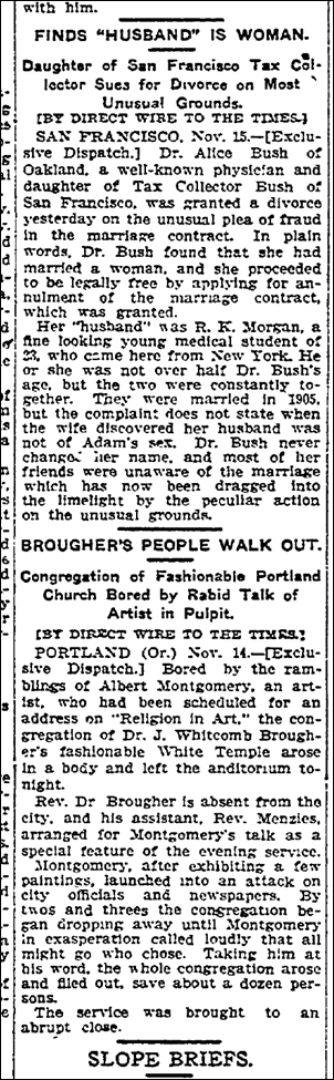 November 15, 1909: Finds husband is a woman