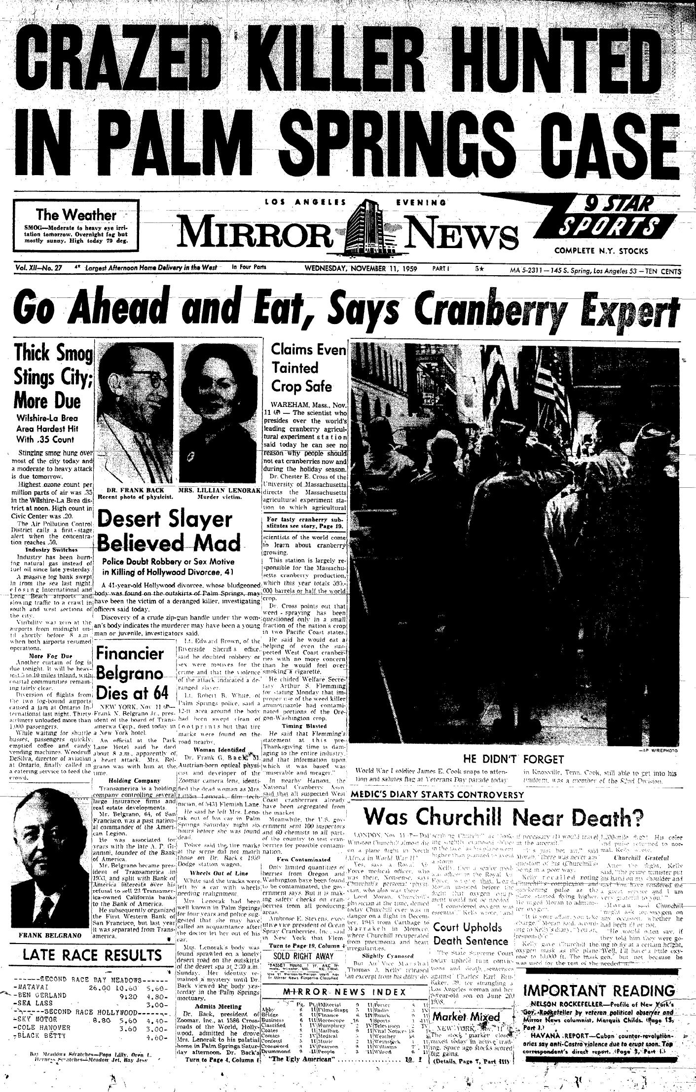 November 11, 1959: Mirror cover: Crazed Killer Hunted in Palm Springs Case